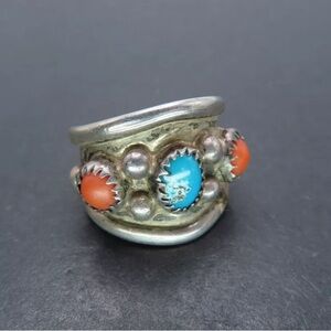 Vintage Sterling Silver & Turquoise/Coral Ring, Unsigned, Size 7.75, 8g Native